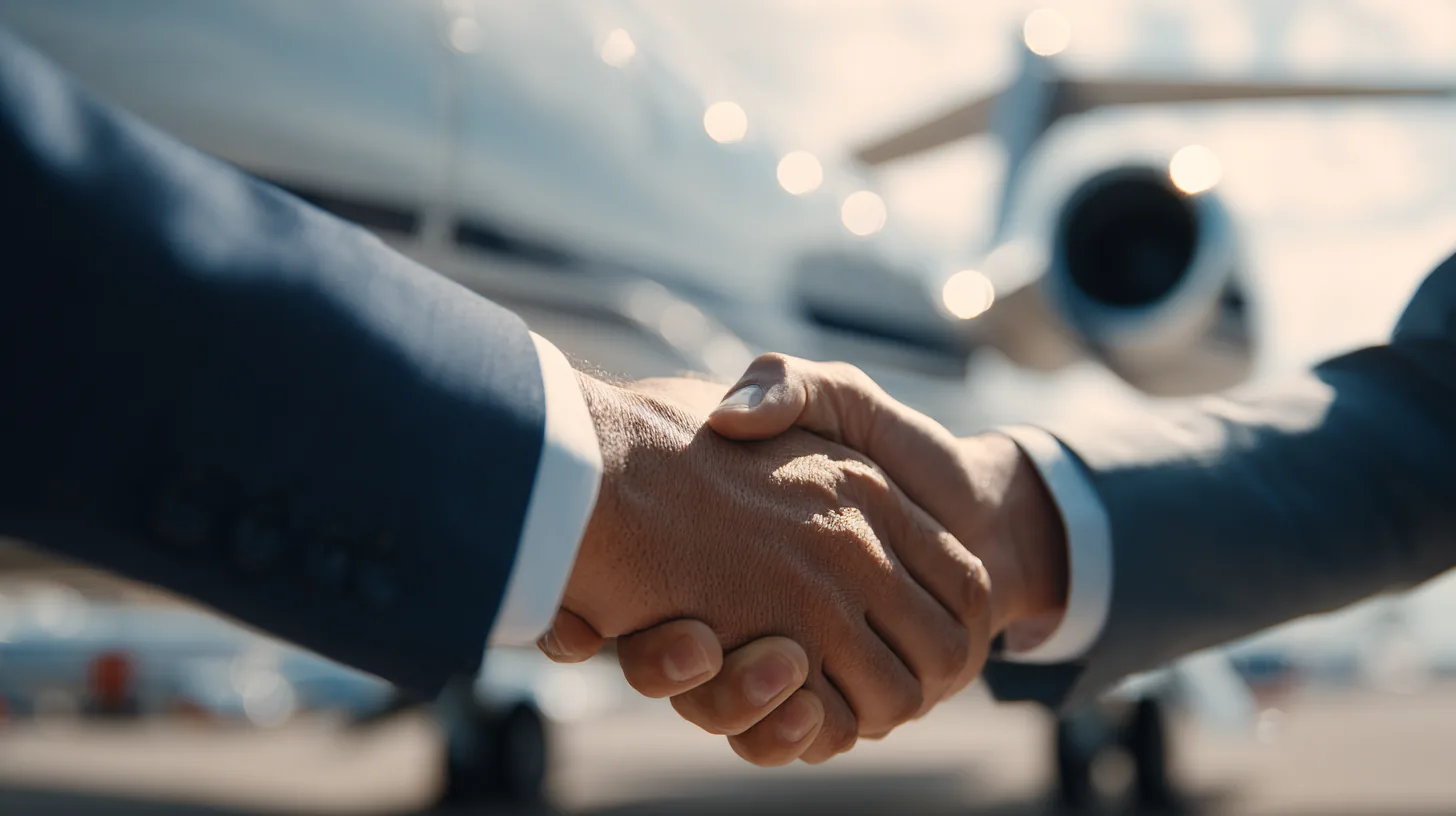 Aircraft brokerage handshake in front of a private jet