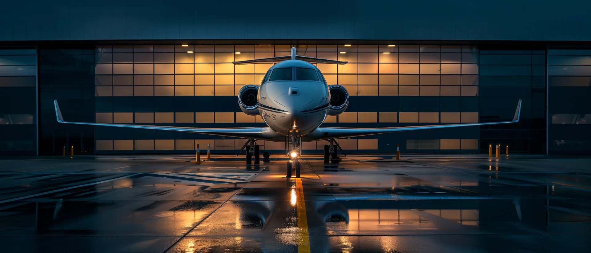 Private jet prepared for departure outside a hangar